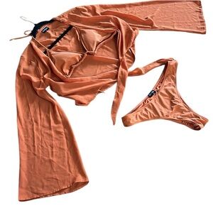 3 Piece Bikini Set Orange Triangle Top Sheer Cover and Highwaist Bottoms